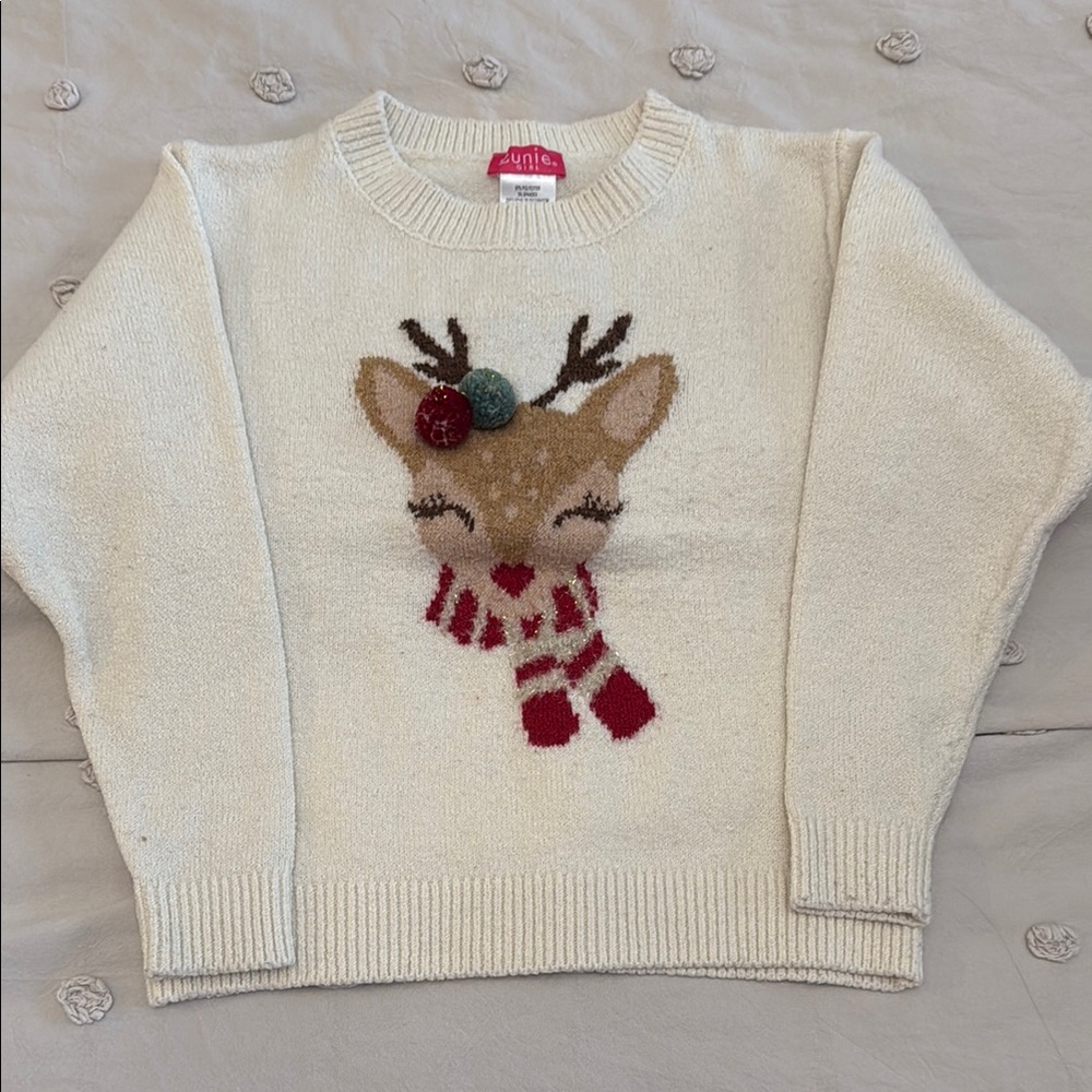 Girls' Cream Sweater with Reindeer Design
